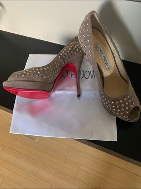 New Luciano Padovan Taupe Suede Studded Peep-Toe Heels with Red Sole